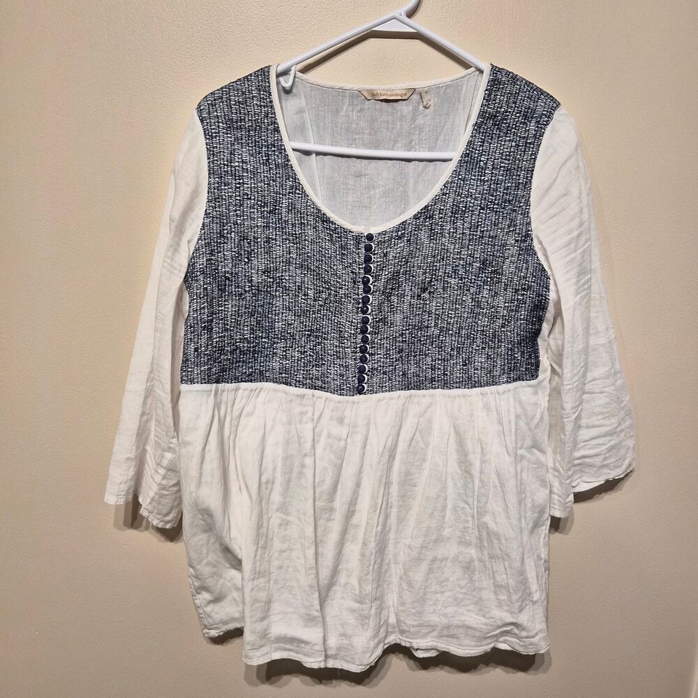 Soft Surroundings XL 100% Cotton Blue and White 3/4 Blouse Button Detail Tunic
